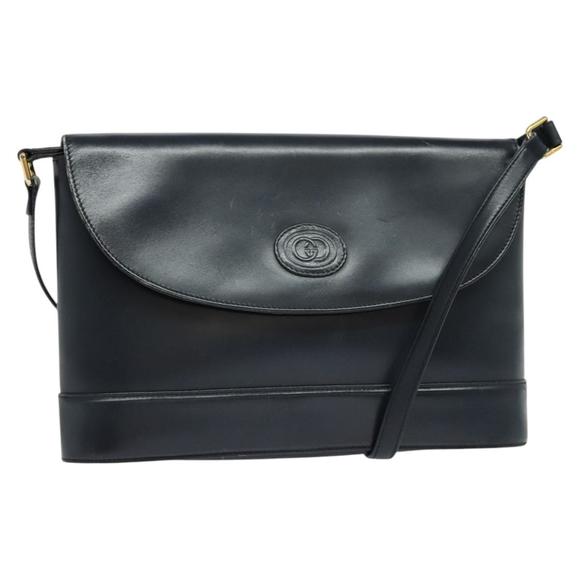 GUCCI Shoulder Bag Leather Navy Gold Auth ep8557